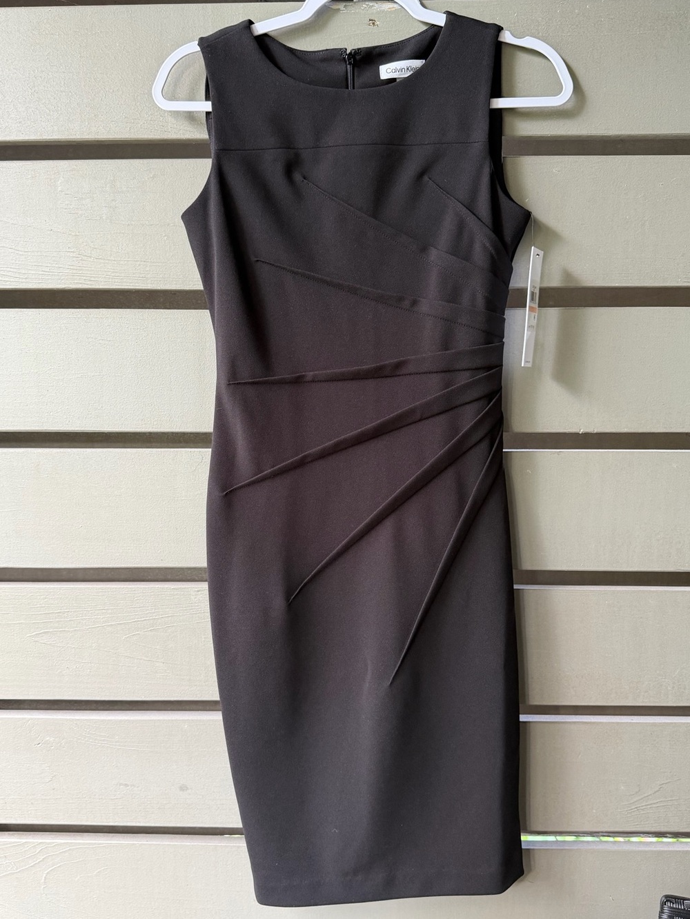 Calvin Klein Black Sleeveless Midi Sheath Dress with Diagonal Pleat Accents